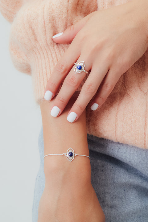 PULSERA GRADUABLE CHAKRA TERCER OJO CON BAÑO EN PLATA